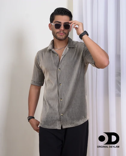 پیراهن لش باکسی مردانه یقه انگلیسی وارداتی پارچه کرکره ای اعلا رنگ کرم قهوه ای