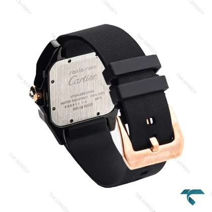 ساعت کارتیر سانتوس 100 مردانه مشکی رزگلد بند رابر Cartier-6370-G