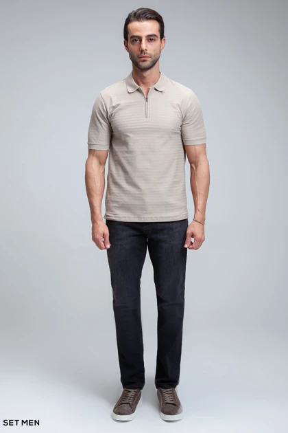 تیشرت یقه دارنیم زیپ بافت