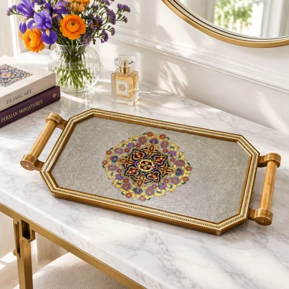 سینی چوبی دور خاتم کار دست کد m0328 گالری ساعت ضرابی