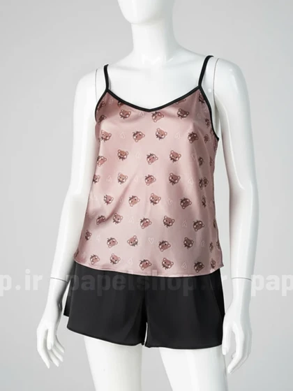 ست لباس خواب تاپ و شورتک ساتن طرح خرس پاپیون دار