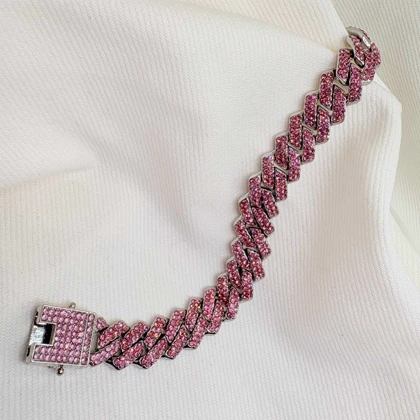 دستبند چین فول نگین صورتی | قفل کتابی