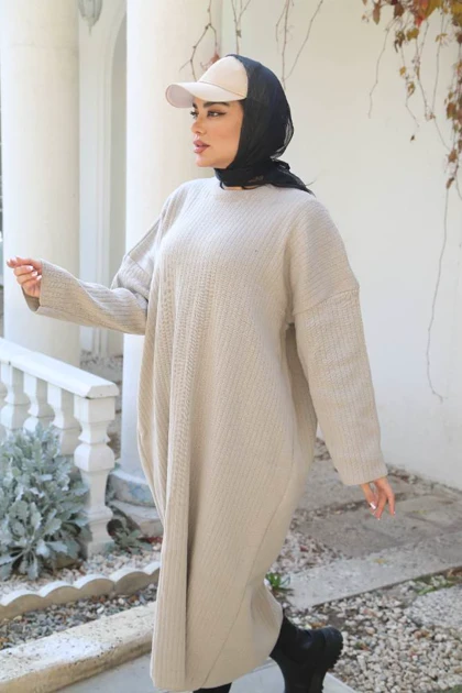 کفتان بافت بلند یقه گرد طرح خطی لانگ آستین بلند زنانه کد1764