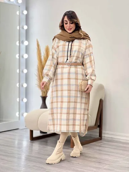 پیراهن بلند چهارخونه کلاهدار