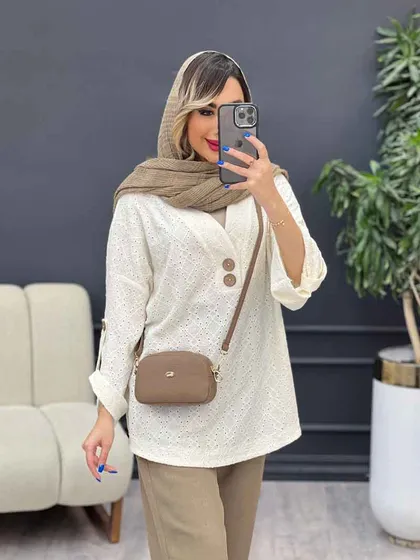 شومیز دو دکمه چوبی آستین پاگن