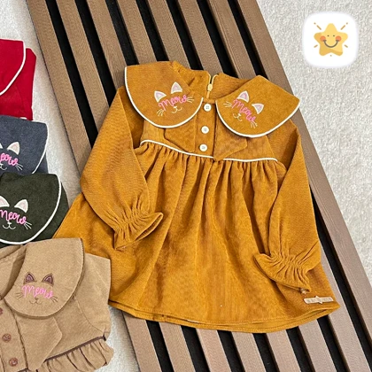 پیراهن دخترانه مخمل کبریتی مدل MEOW MEOW برند MANELY