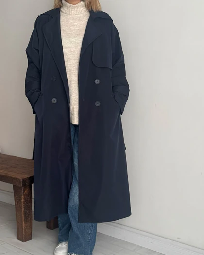 ترنچ کت Drop سرمه ای (قد بلند)