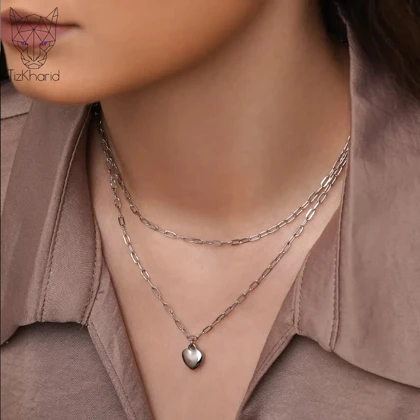 گردنبند دو لاین قلب پلاتینی استیل