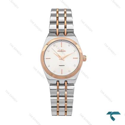 ساعت الکسا پریمیر 0106 زنانه دورنگ رزگلد صفحه سفید Alexa-6130-L
