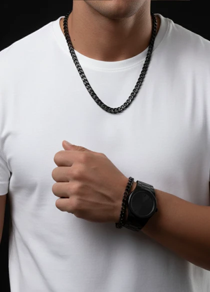 ست مردانه ساعت و دستبند و گردنبند solid black-مشکی