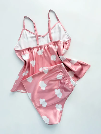 ست لباس خواب تاپ و شورتک ساتن طرح ابر