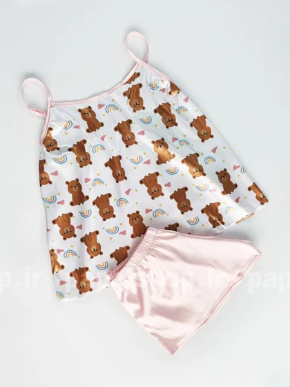 ست لباس خواب تاپ و شورتک ساتن طرح خرس