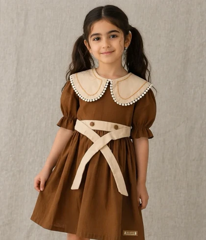 سارافون دخترانه یقه گلدوزی لینن سایز 40 / 45 / 50 کد 727