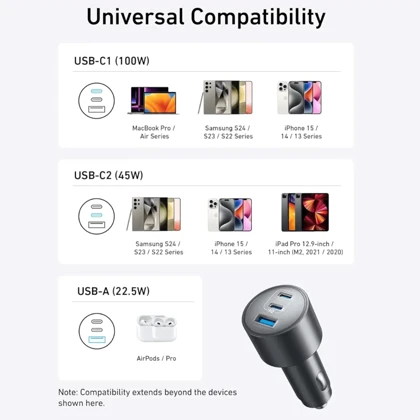 شارژر فندکی انکر Anker مدل B2737HA1 دارای 3 پورت و توان 167.5 وات