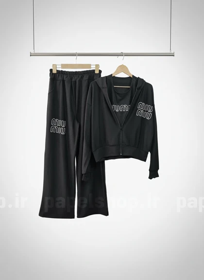سویشرت کلاه دار و شلوار بگ و کراپ تاپ تیپ دورس مشکی طرح میو میو miu miu