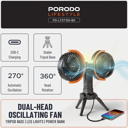 پنکه شارژی، چراغ کمپینگ و پاور بانک پورودو Porodo PD-LFST150-BK رومیزی و قابل آویز