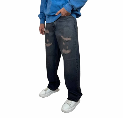 شلوار جین زاپ‌دار بگ مردانه سرمه ای با شست آبی