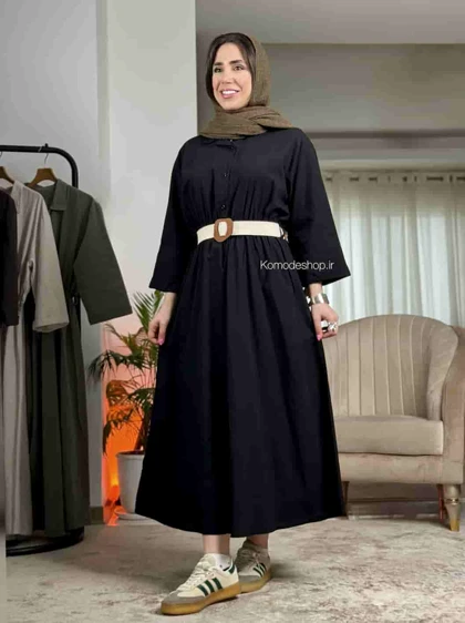 پیراهن لینن بلند زنانه کمربندار