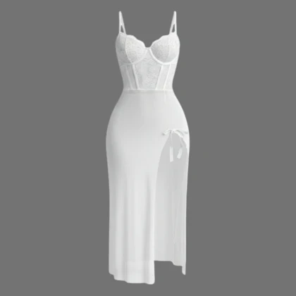 لباس خواب بلند فنردار گیپور و تور سفید لاوین 4235