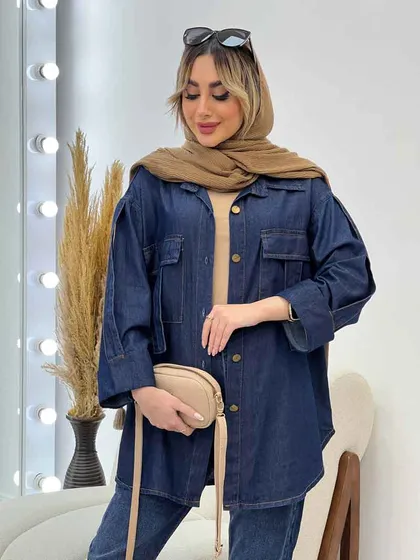 مانتو جین دو جیب آستین پاکتی