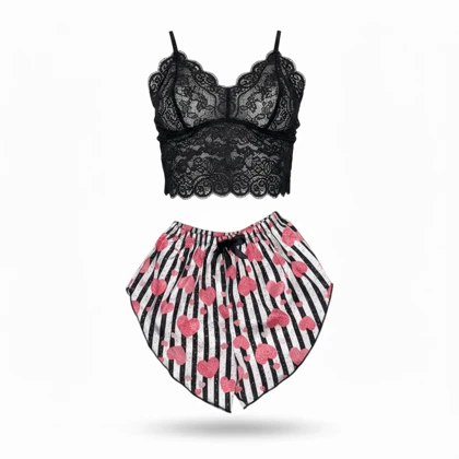 ست نیم‌تنه گیپور و شلوارک طرح قلب 008