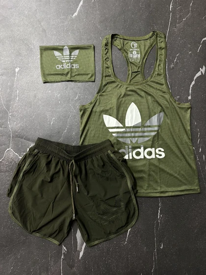 پکیج کد E1047 شامل رکابی + شلوارک + اسکارف آدیداس با 5 رنگ متنوع 🔥