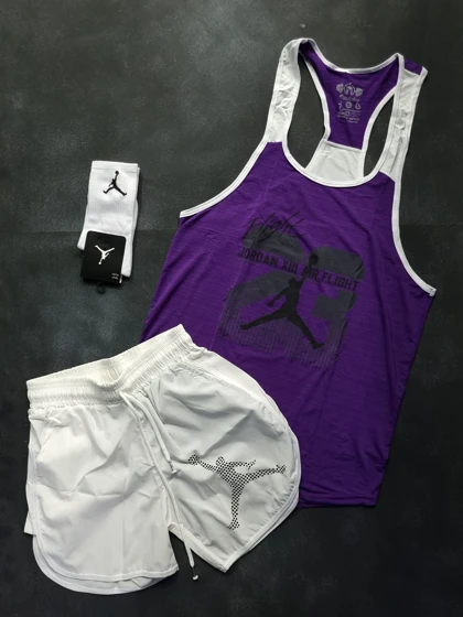 ست رکابی و شلوارک جوردن با تم بنفش + جوراب