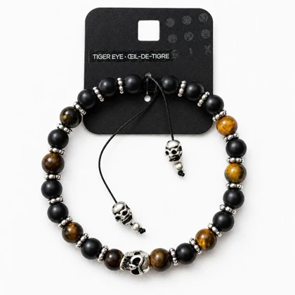 دستبند سنگی برند SIX مدل Tiger Eye & Skull – ترکیب چشم‌ببر و انیکس مات با نماد اسکلت