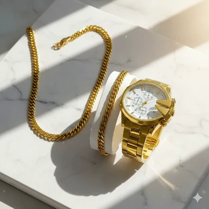 ست ساعت مچی مردانه طلایی صفحه سفید مدل U700 + دستبند و گردنبند کارتیه رنگ طلایی