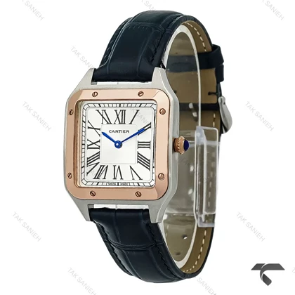 ساعت کارتیر سانتوس دومونت زنانه دورنگ رزگلد بند سرمه ای متوسط Cartier-10612-G