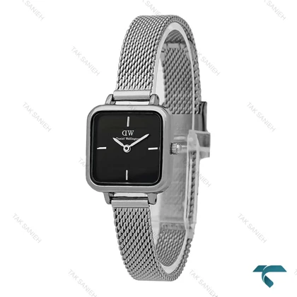 ساعت دنیل زنانه مربعی بند حصیری نقره ای صفحه مشکی DW-7629-L
