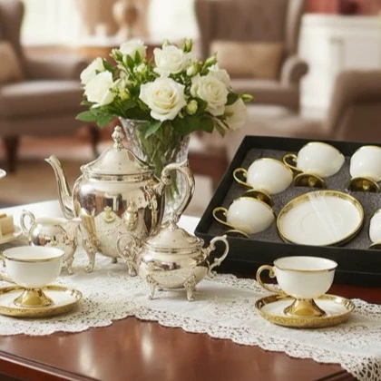 ست قهوه خوری شش نفره سفید لبه طلایی