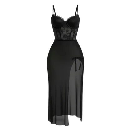 لباس خواب بلند فنردار گیپور و تور مشکی لاوین 4235