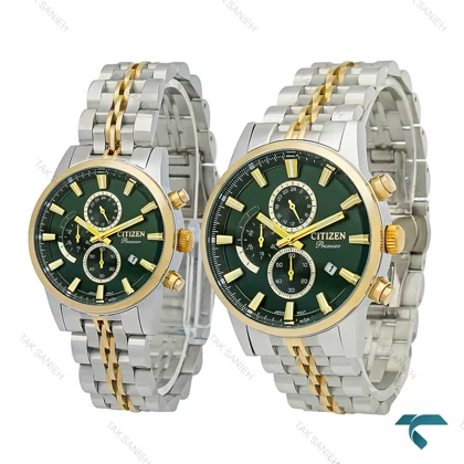 ساعت سیتیزن ست Premier دورنگ طلایی صفحه سبز سه موتوره Citizen-7836-S