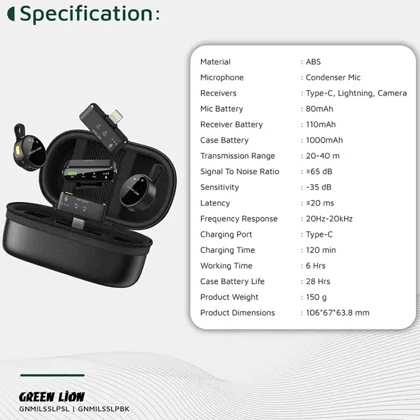 میکروفون یقه‌ای بی‌سیم سه کاره گرین‌لاین Green Lion GM-85X/GNGM85XMICBK