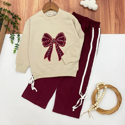 بلوز شلوار دخترانه مدل پاپیون مرواریدی