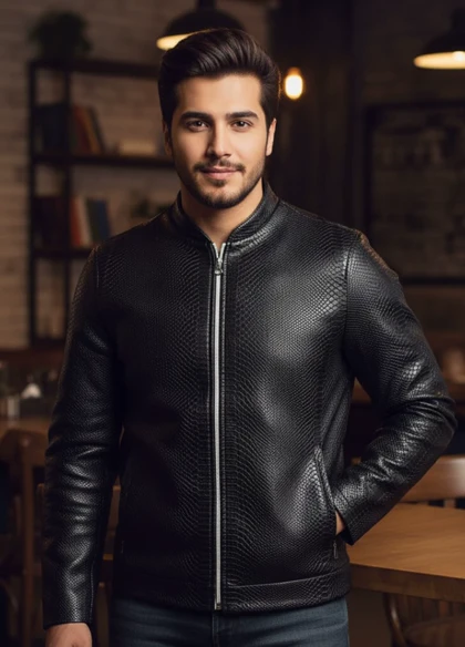 کاپشن چرم طرح پوست مار ساده مردانه مدل Yasan ویژه