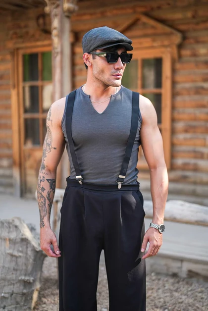 رکابی تنک تاپ یغه کوبایی طوسی تیره OLD SCHOOL