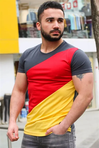 تیشرت دودی رنگ بلوک شده 3018