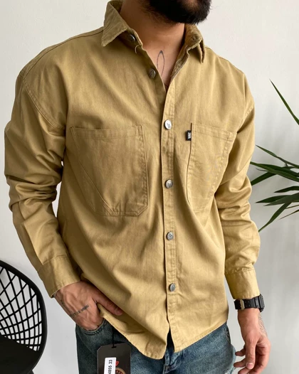 پیراهن دوجیب کتان آستین بلند بهاره ZARA رنگ خاکی
