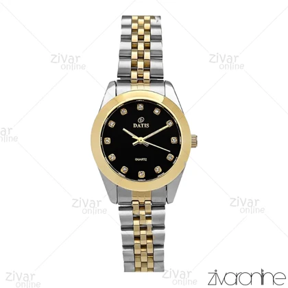 ساعت داتیس زنانه طلایی نقره ای صفحه مشکی ایندکس نگین‌دار 106908