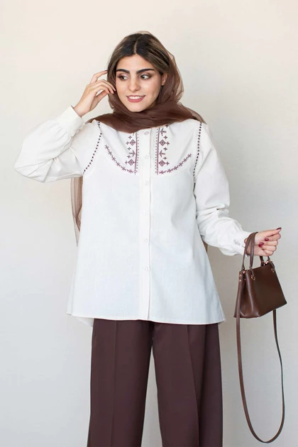 شومیز لینن مرجان گلدوزی‌دار خرید شومیز زنانه خنک