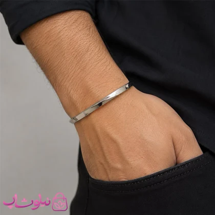 دستبند بنگل مردانه مدل پیچ استیل نقره ای کد 239