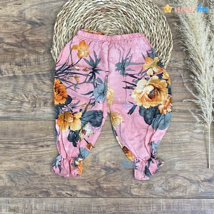 تاپ شلوارک نخی صورتی گل نارنجی
