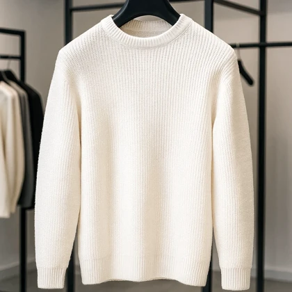 پلیور بافت سفید بیسیک یقه گرد بافت درشت فری سایز لش