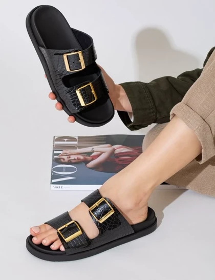 صندل زنانه Hawaii طرح کروکو- مشکی و عسلی