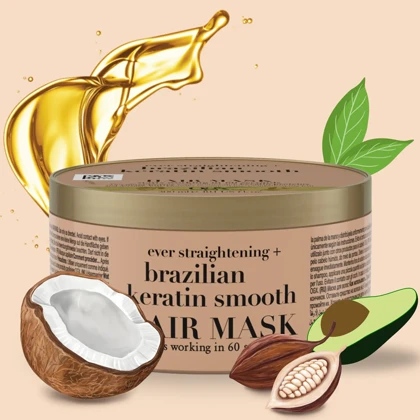 ماسک مو صاف‌کننده کاسه‌ای مناسب موهای وز و آسیب‌دیده او جی ایکس, OGX مدل Brazilian Keratin Smooth حجم 300 میل