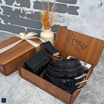 ست هدیه چرم طبیعی مردانه کمربند و جاکارتی مدل 3 تیکه روکو مشکی