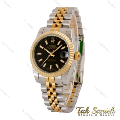 ساعت رولکس زنانه دو رنگ طلایی صفحه مشکی ایندکس خطی Rolex-5020-M-L