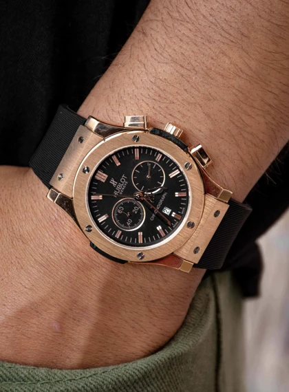 ساعت هابلوت سه موتوره مردانه رزگلد مشکی(کرنوگراف) Hublot Diamonds Rosegold